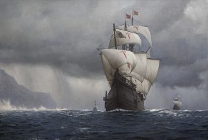 "Nao Victoria cruzando el Estrecho de Magallanes", obra del pintor chileno Guillermo Muñoz Vera.