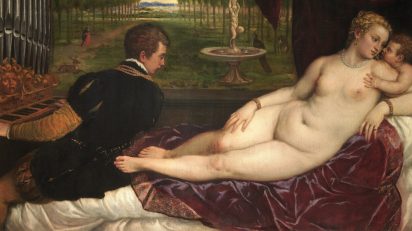 Detalle de Venus recreándose con el Amor y la Música de Tiziano. Museo Nacional del Prado.