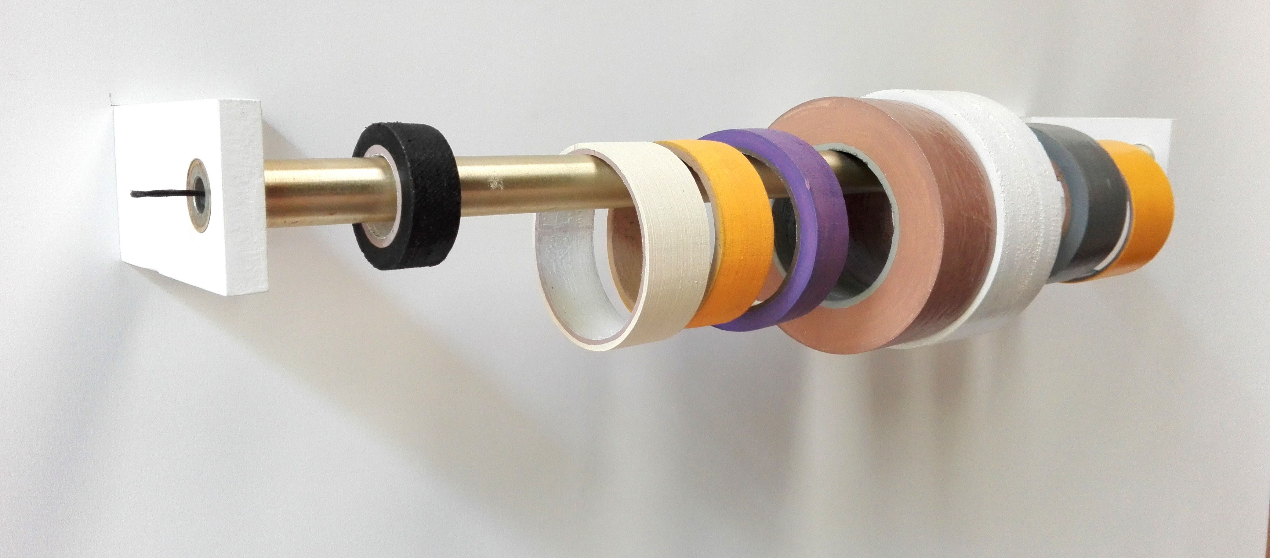 Klaas Vanhee. Untitled (different rolls of tape), 2019. Wood, metal, glue, screws, acrylic, oil, varnish, paper, nylon and rope 13x64x14cm.