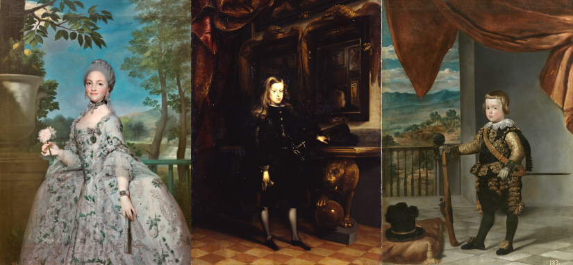 Anton Raphael Mengs, María Luisa de Parma, Princesa de Asturias, © Museo del Prado. Juan Carreño de Miranda, Retrato de Carlos II a los diez años © Museo de BBAA de Asturias. Velázquez (Taller de), El Príncipe Baltasar Carlos, © Museo del Prado.