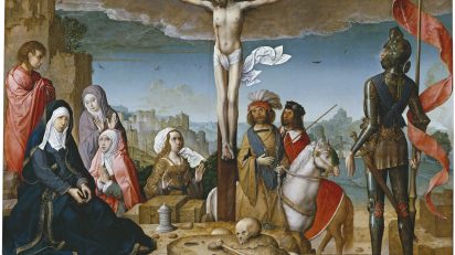 'La crucifixión', de Juan de Flandes, tabla que estuvo situada en la calle central del retablo de la Catedral de Palencia. Hoy se encuentra en el Museo del Prado.