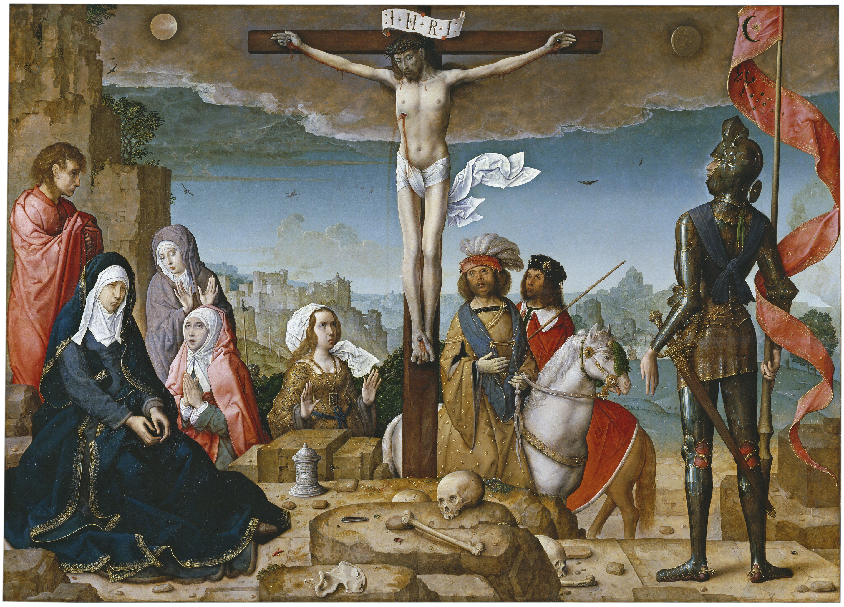 'La crucifixión', de Juan de Flandes, tabla que estuvo situada en la calle central del retablo de la Catedral de Palencia. Hoy se encuentra en el Museo del Prado.