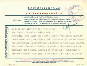 Radiotelegrama de Manuel Azaña, presidente de la Segunda República Española, a Diego Martínez Barrio, presidente de las Cortes, transmitiendo el texto de su dimisión, el 27 de febrero de 1939. FUNDACIÓN FRANCISCO LARGO CABALLERO.