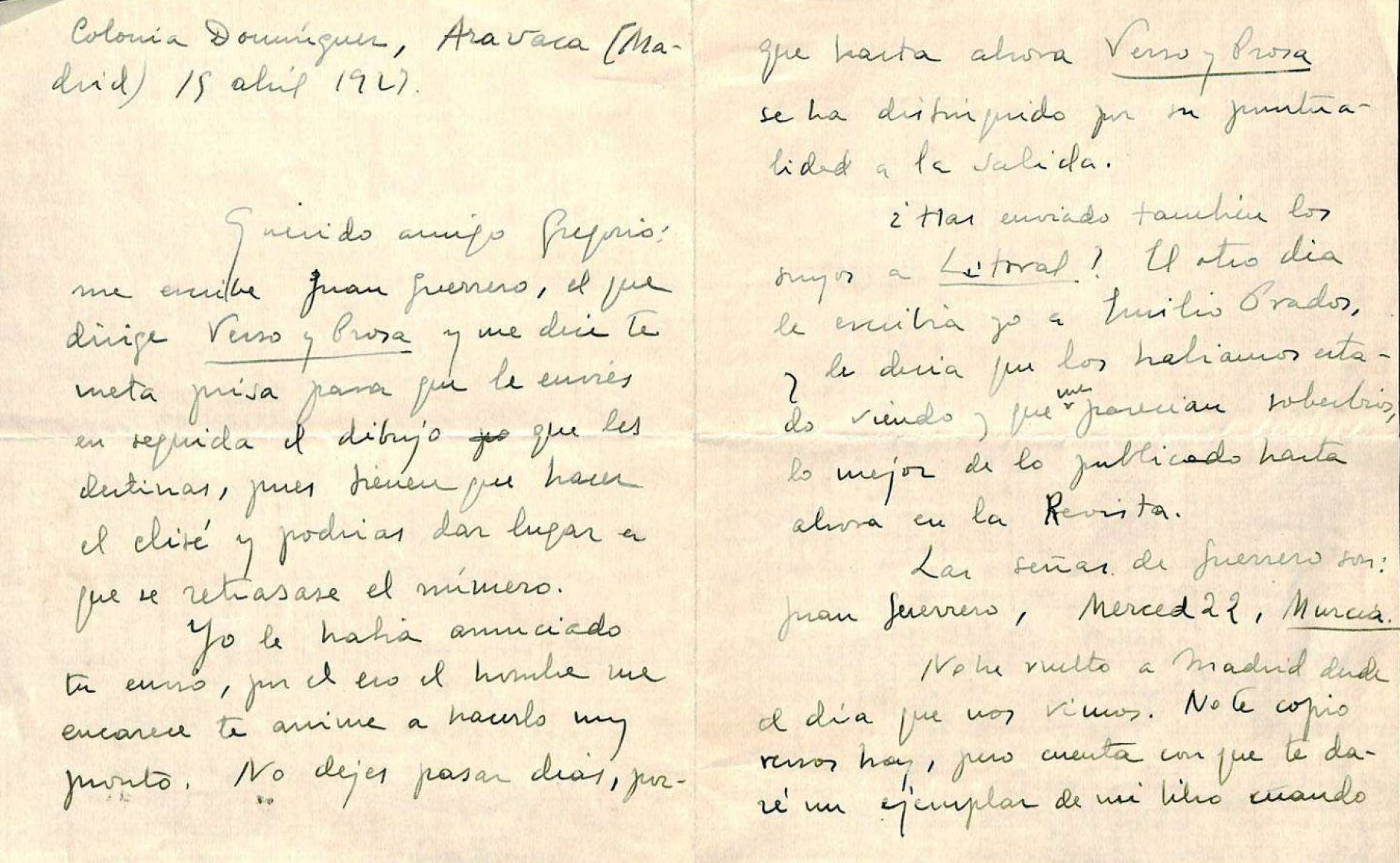 Carta de Vicente Aleixandre a Gregorio Prieto de abril de 1929. FUNDACIÓN GREGORIO PRIETO.