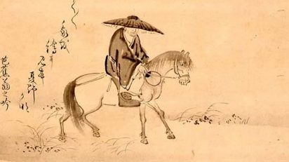 Matsu Basho montando en un caballo, dibujo por Sugiyama Sanpo.