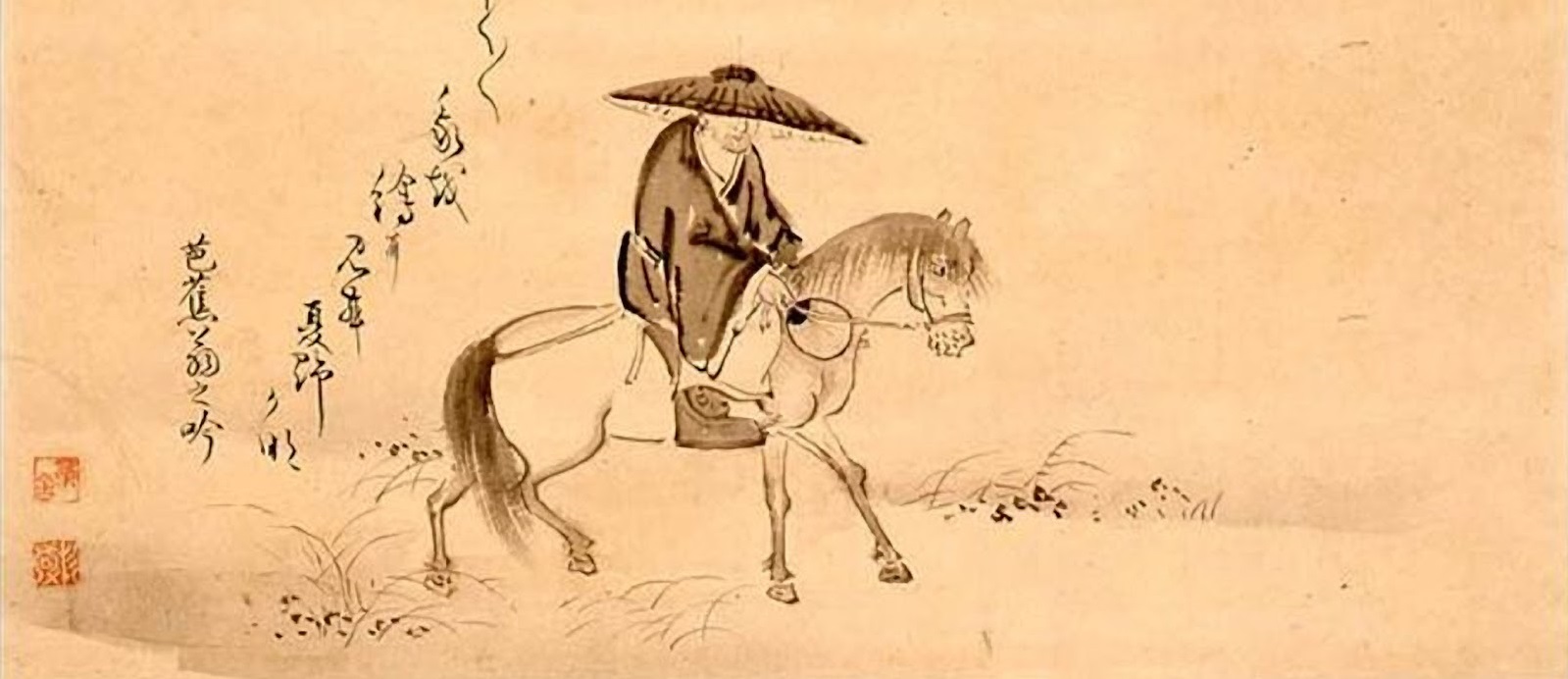 Matsu Basho montando en un caballo, dibujo por Sugiyama Sanpo.