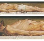 The Body of the Dead Christ in the Tomb and a detail. óleo y témpera sobre madera de tilo, 30.5 × 200 cm, Kunstmuseum Basel.