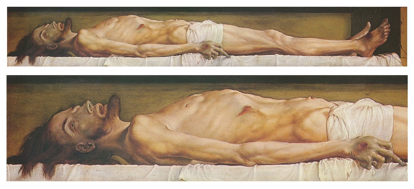 The Body of the Dead Christ in the Tomb and a detail. óleo y témpera sobre madera de tilo, 30.5 × 200 cm, Kunstmuseum Basel.