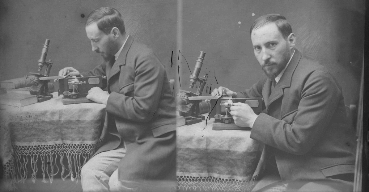 Autorretratos tomados por Cajal en su laboratorio en Valencia (España) cuando tenía poco más de treinta años, c. 1885-1887. Legado Cajal. CSIC.