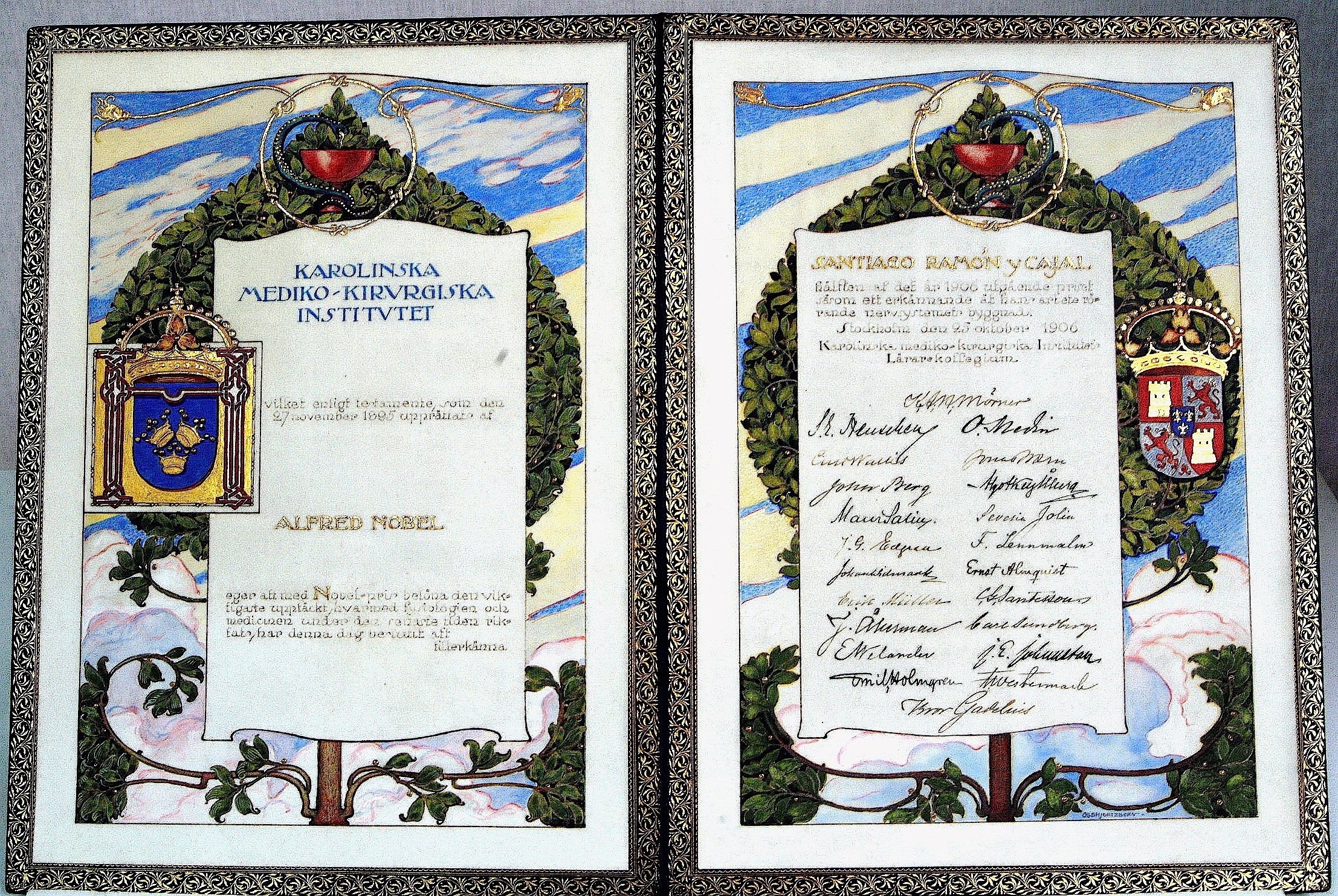 Diploma del Premio Nobel concedido a Santiago Ramón y Cajal, 1906.