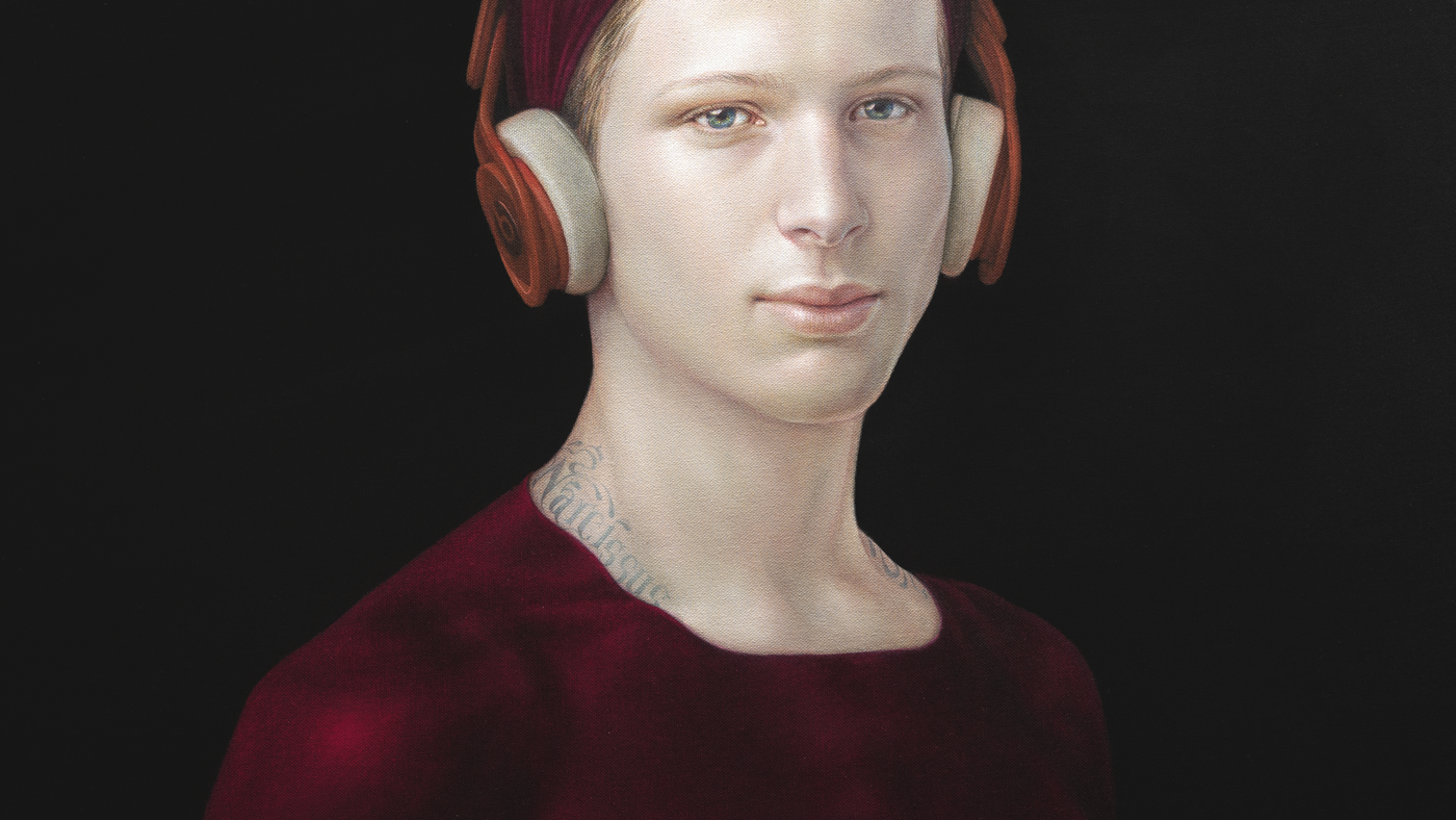 'Medicine Bow (Diego con cascos)', 2020. Pigmentos naturales y resina acrílica sobre lienzo.