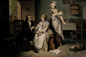 Edward Jenner vaccinating his young child, held by Mrs Jenn. Credit: Wellcome Library, London.