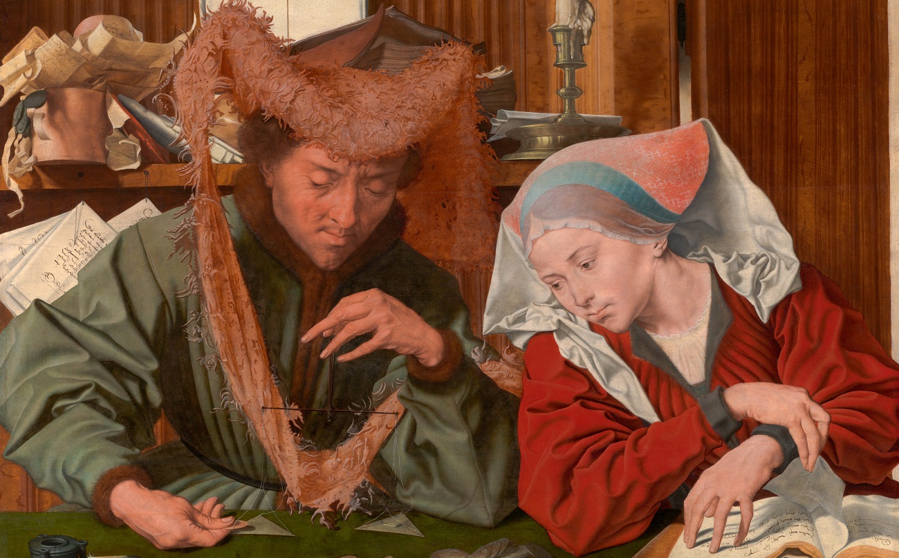 'El cambista y su mujer'. Marinus van Reymerswaele, 1539. Óleo sobre tabla. 83 x 97 cm. Madrid, Museo Nacional del Prado.