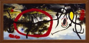 Joan Miró. 'Personaje al amanecer en la orilla de un río', 1965. Óleo sobre lienzo estilo “pompier”. 95 x 197 cm. Colección Particular en depósito temporal. © Successió Miró 2020.