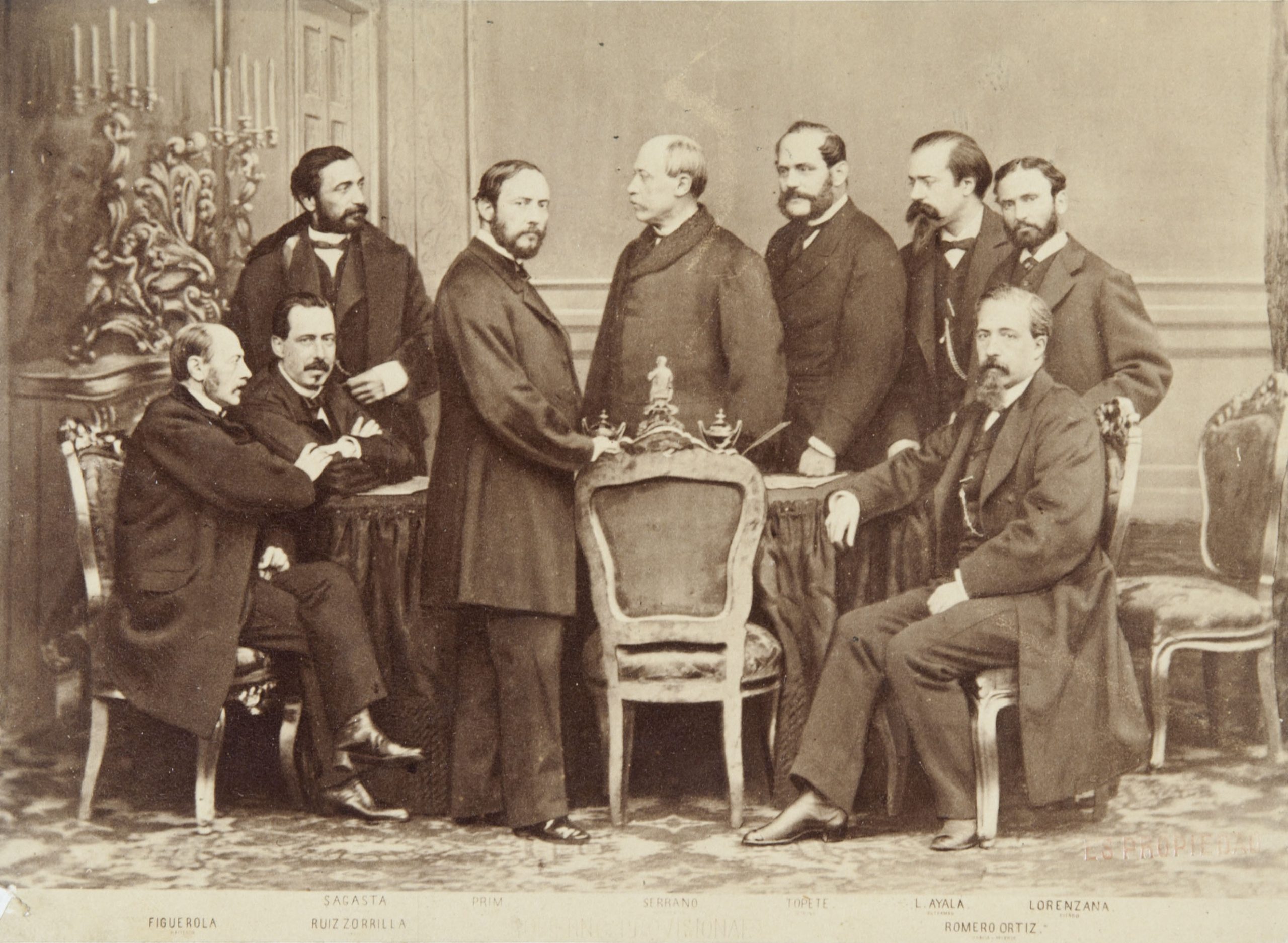Juan Laurent, Gobierno provisional. Museo Nacional del Romanticismo, CE34984. Figuerola, Sagasta, Ruiz Zorrilla, Prim, Serrano, Topete, L. Ayala, Romero Ortiz y Lorenzana.