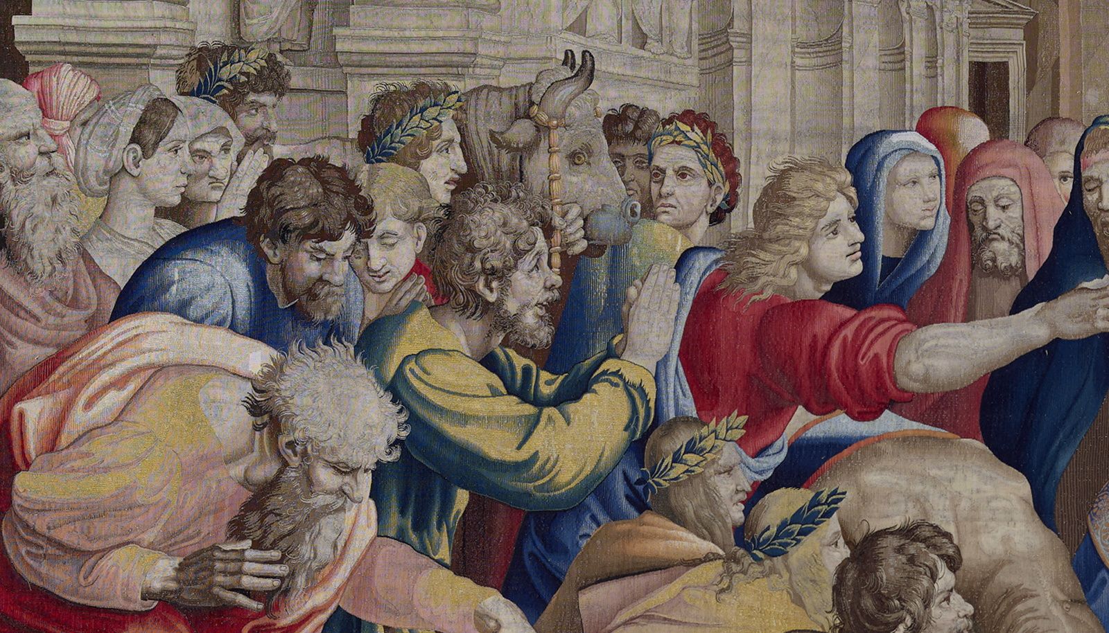 'San Pablo y san Bernabé en Lystra' (detalle). Jan van Tieghem, Frans Gheteels, Rafael Sanzio. h. 1550-1560. Tapiz de seda y lana. 485 x 746 cm.