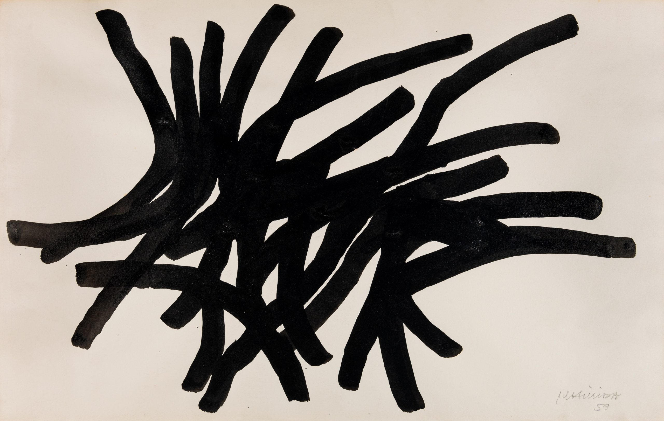 Gonzalo Chillida. Sin título. 1959. Tinta china sobre cartulina. 329 x 504 mm. Firmado y fechado “G.CHILLIDA / 59” (a lápiz, ángulo inferior derecho).