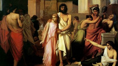 Charles Jalabert: 'Edipo y Antígona' (Œdipe et Antigone, 1842). Antígona y su padre, Edipo, abandonan la ciudad de Tebas.