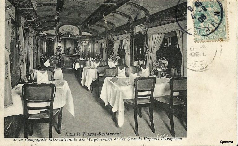 A vintage postcard showing the Dining car of the Orient Express, 1910 c.ca One of the rare public pictures.