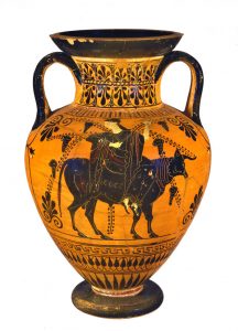 Ánfora ática de figuras negras. Cerámica 530-520 a.C. Florencia, Museo Arqueológico Nacional.