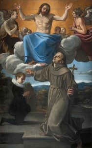 'San Diego de Alcalá intercede por Diego Enríquez de Herrera'. ANNIBALE CARRACCI con la colaboración de otros artistas de su círculo. Óleo sobre tabla, 252 x 161 cm, h. 1606, Roma, Iglesia Nacional Española de Santiago y Montserrat.