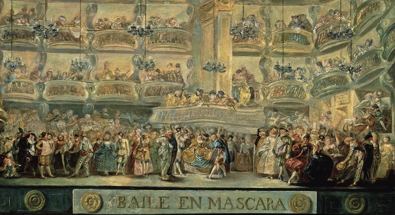 Baile en máscara (detalle). Luis Paret y Alcázar. Óleo sobre tabla. Hacia 1767. Madrid, Museo Nacional del Prado.