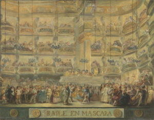 Baile en máscara. Luis Paret. Óleo sobre tabla, 40 x 51 cm, 1767. Museo Nacional del Prado.