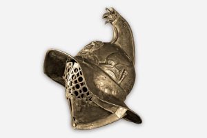 Casco de un Thraex, Pompeya, Cuartel de los gladiadores, 50–79 d.C. Museo Arqueológico Nacional, Nápoles. Este casco perteneció a un thraex, un gladiador armado como los guerreros tracios del sureste de Europa.