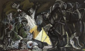 'Los fusilamientos de la Moncloa (d’après Goya) / Los fusilamientos del 3 de mayo (d’après Goya)'. 1969-1987. Óleo sobre lienzo, 180 x 300 cm. Museo Municipal de Arte Contemporáneo de Madrid, Conde-Duque.