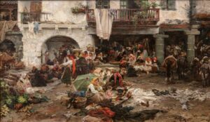 Francisco Pradilla. Día de mercado en Noya. 1895. Óleo sobre tabla. Colección particular.