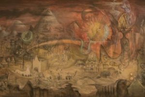 'El mundo mágico de los mayas', 1963-1964 Temple de caseína sobre tabla. (Inv. 10-643249). Colección Museo Nacional de Antropología, Instituto Nacional de Antropología e Historia, Ciudad de México. © Estate of Leonora Carrington / VEGAP, Madrid, 2023. Foto: © Luis Domingo.