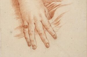 Mano femenina. Detalle de un retrato Siglo XVIII. Preparado a lápiz, Sanguina sobre papel verjurado, amarillento, 195 x 153 mm. ©Museo Nacional del Prado