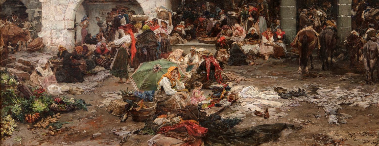 Francisco Pradilla. Día de mercado en Noya. 1895. Óleo sobre tabla. Colección particular.
