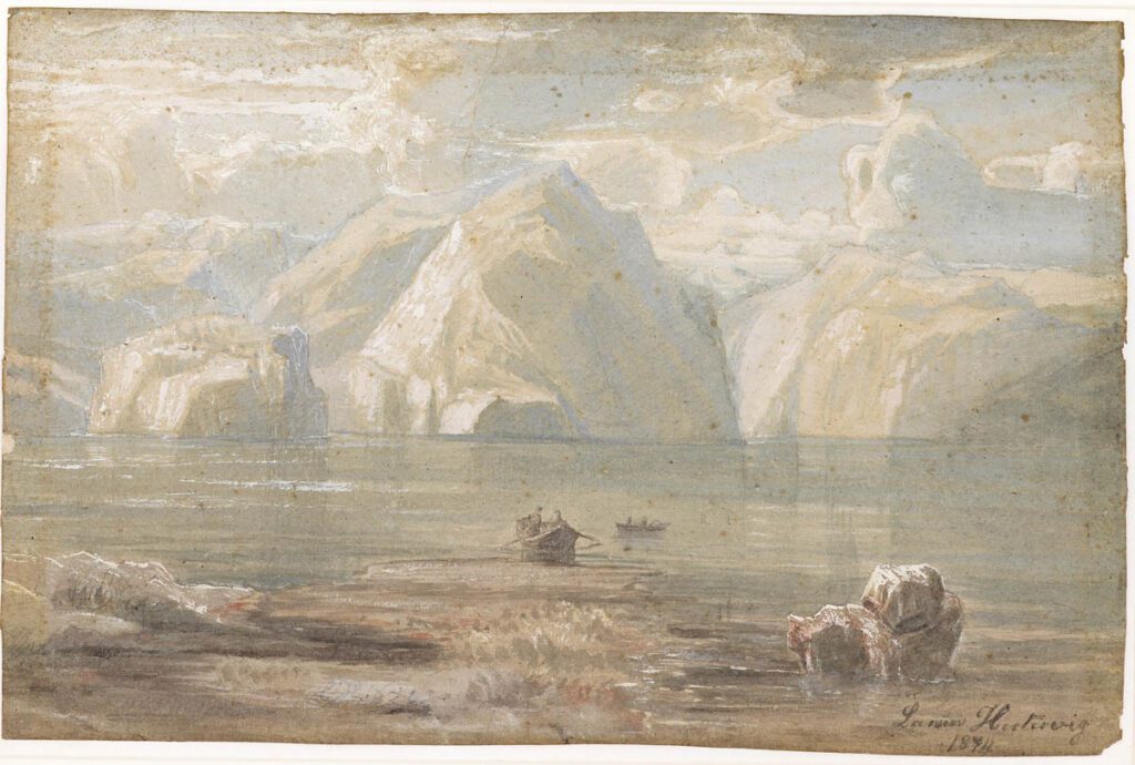 Lars Hertervig. 'Kystlandskap med fjell og båter'. Stavanger kunsmuseum.