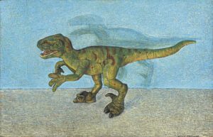Antony Williams. SMALL T-REX, 2013. Temple al huevo sobre tabla, 18 x 28 cm.