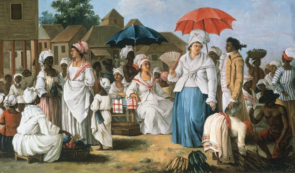 Agostino Brunias. Mercado de ropa, Santo Domingo, hacia 1775. Óleo sobre lienzo. 49,6 x 64,8 cm. Colección Carmen Thyssen.