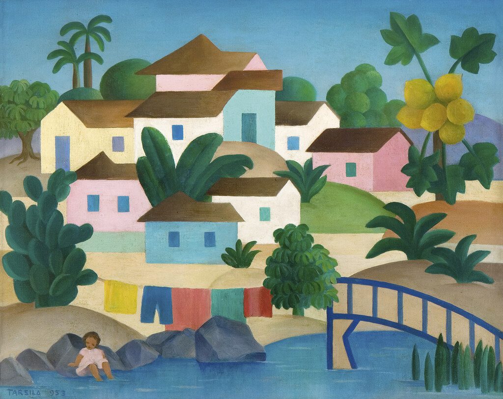 Tarsila do Amaral. Aldea con puente y papayo, 1953. © Tarsila do Amaral Licenciamento e Empreendimentos S.A. Foto: © Romulo Fialdini.
