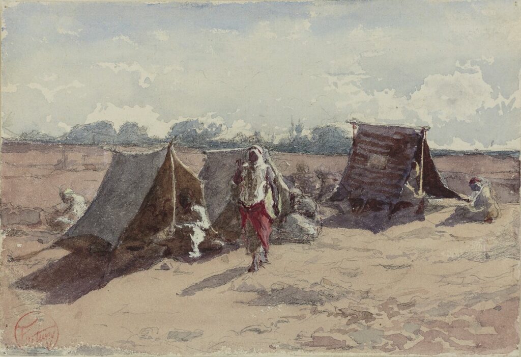 MARIANO FORTUNY Y MARSAL. Campamento árabe, c. 1862. Acuarela y lápiz grafito sobre papel, 127 x 180 mm. Musée Goya, Castres, inv. 50-6-52. ©Ville de Castres-Musée Goya – B. Nicaise.