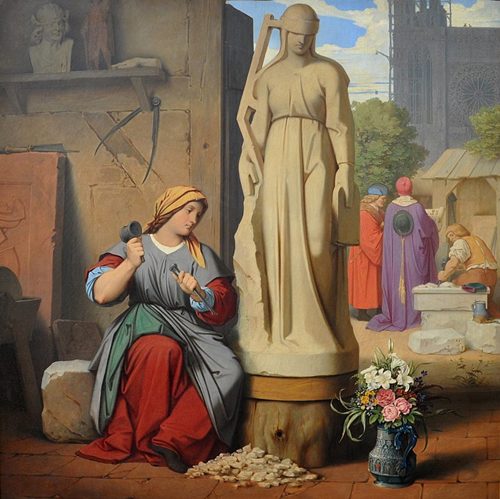 Moritz von Schwind: Sabina von Steinbach trabajando en la figura de la «Sinagoga» para la Catedral de Estrasburgo. Alte Nationalgalerie. Berlín, 1847.