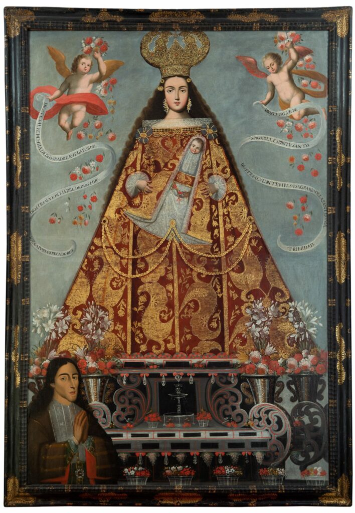 Nuestra Señora de Belén con donante indígena. Fotografía del Museo Blanton por Amber Shields Johnson. Artista no identificado, siglo XVIII. Cuzco, Perú. Óleo y oro sobre lienzo. Colección de la Fundación Carl y Marilynn Thoma.