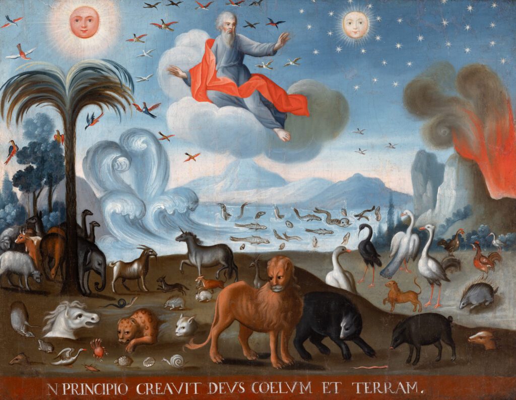 La creación del cielo y la tierra. Anverso 2. Fundación Thoma. Fotografía: Kevin Todora. Artista no identificado, siglo XVIII. Perú o Bolivia. Óleo sobre lino. Colección de Carl y Marilynn Thoma.