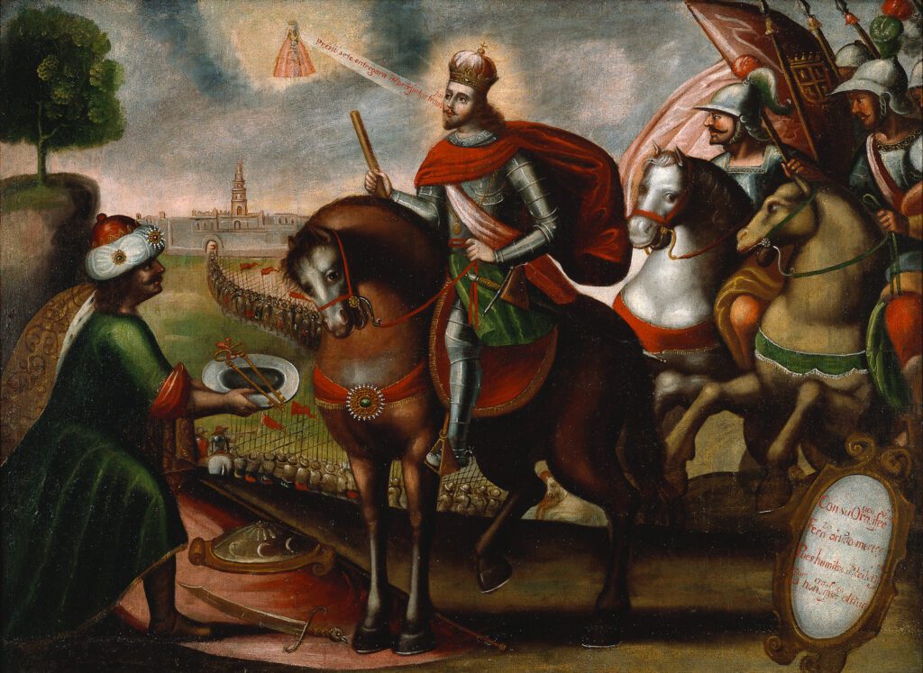 La rendición de Sevilla al santo rey Fernando III. Fundación Thoma. Fotografía: Saverio Truglia. Artista no identificado, c. 1671–1700. Cuzco, Perú. Óleo sobre lienzo.