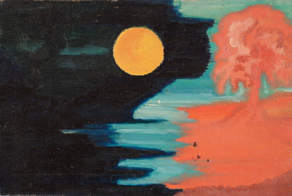 Else Blankenhorn. Sin título [Paisaje ribereño nocturno], 1908-1919. Óleo sobre lienzo. 16 x 24,2 cm. Colección Prinzhorn, Hospital universitario de Heidelberg (Alemania). n.º inv. 4223. Foto: © Prinzhorn Collection, University Hospital Heidelberg.