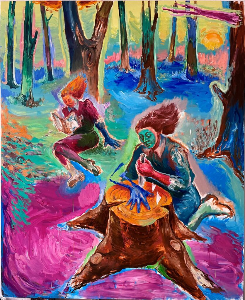 Juana González. "Árboles, lectura y juegos". 2025. Óleo sobre lienzo. 245 x 200 cm.